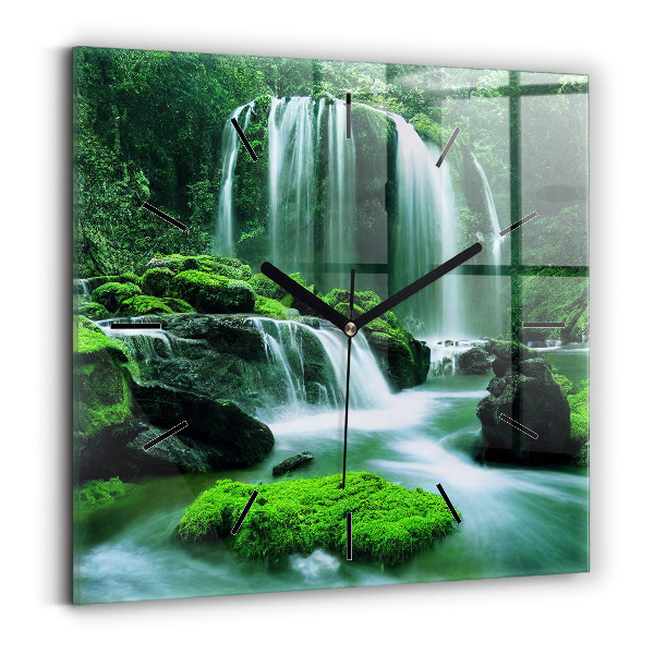 Square glass wall clock Waterfall among the moss