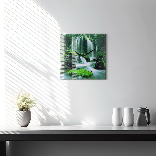 Square glass wall clock Waterfall among the moss
