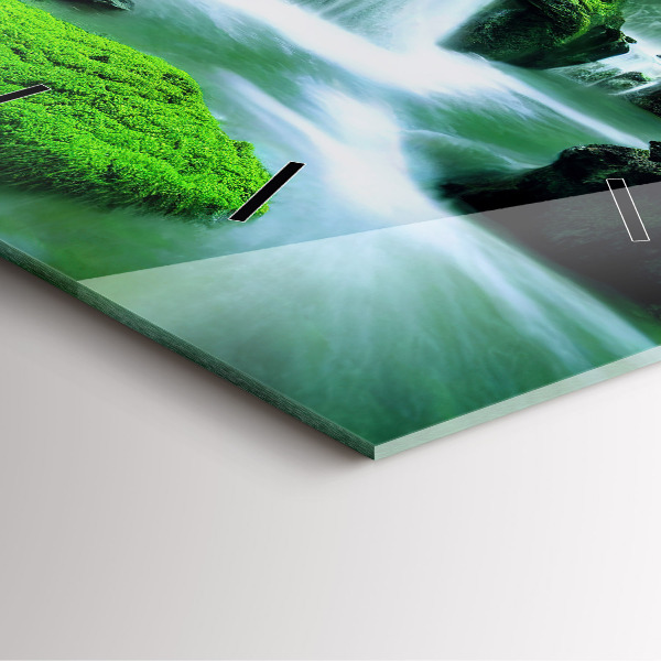 Square glass wall clock Waterfall among the moss