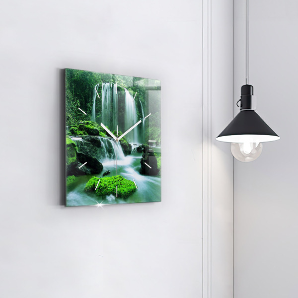 Square glass wall clock Waterfall among the moss