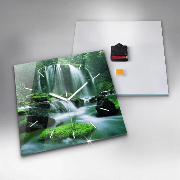 Square glass wall clock Waterfall among the moss