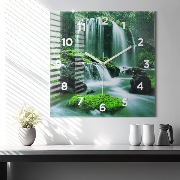 Square glass wall clock Waterfall among the moss