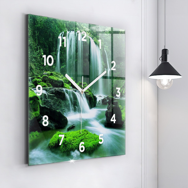 Square glass wall clock Waterfall among the moss