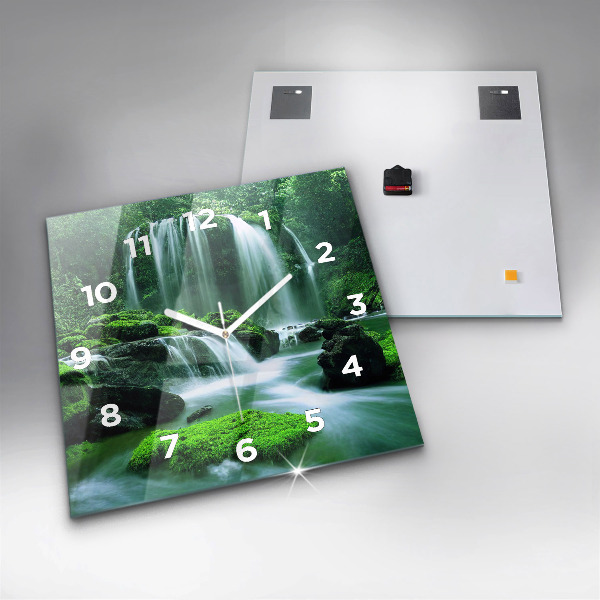 Square glass wall clock Waterfall among the moss