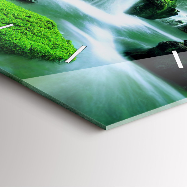 Square glass wall clock Waterfall among the moss