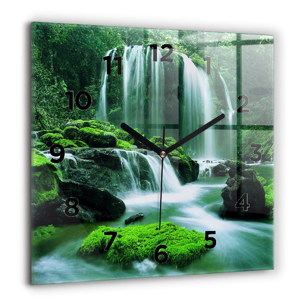 Square glass wall clock Waterfall among the moss