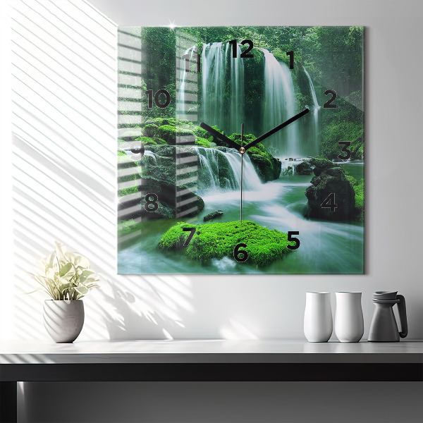 Square glass wall clock Waterfall among the moss