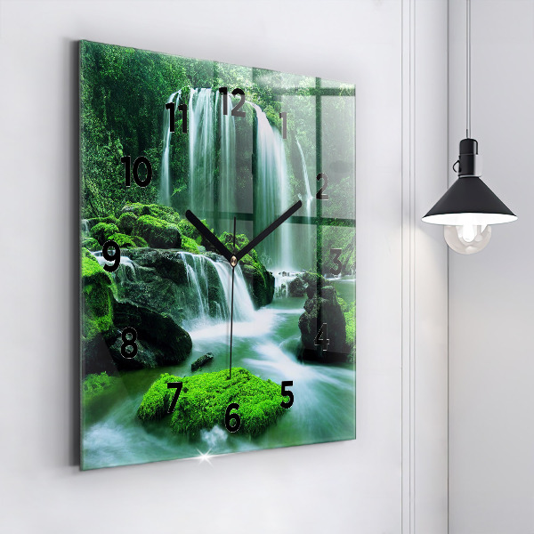 Square glass wall clock Waterfall among the moss