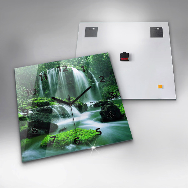 Square glass wall clock Waterfall among the moss