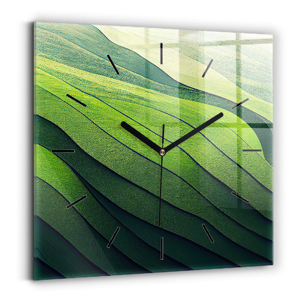 Square glass wall clock Green fields abstract