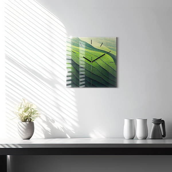 Square glass wall clock Green fields abstract