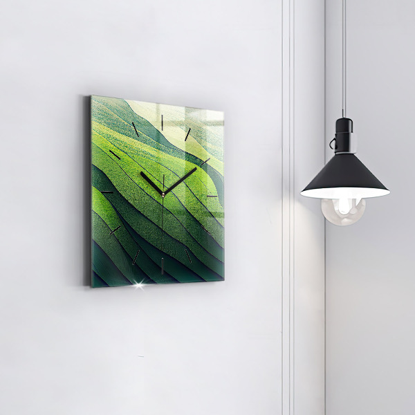Square glass wall clock Green fields abstract