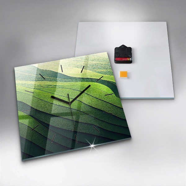 Square glass wall clock Green fields abstract