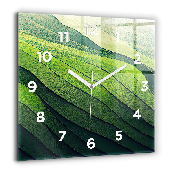 Square glass wall clock Green fields abstract