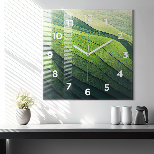 Square glass wall clock Green fields abstract