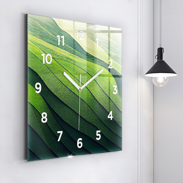 Square glass wall clock Green fields abstract