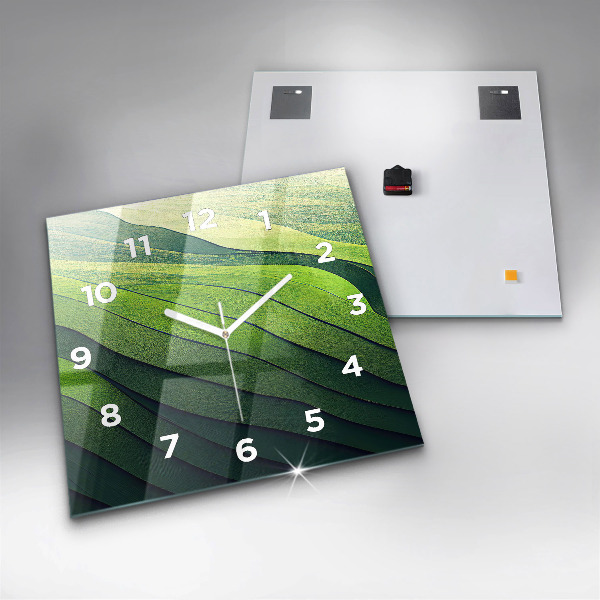 Square glass wall clock Green fields abstract