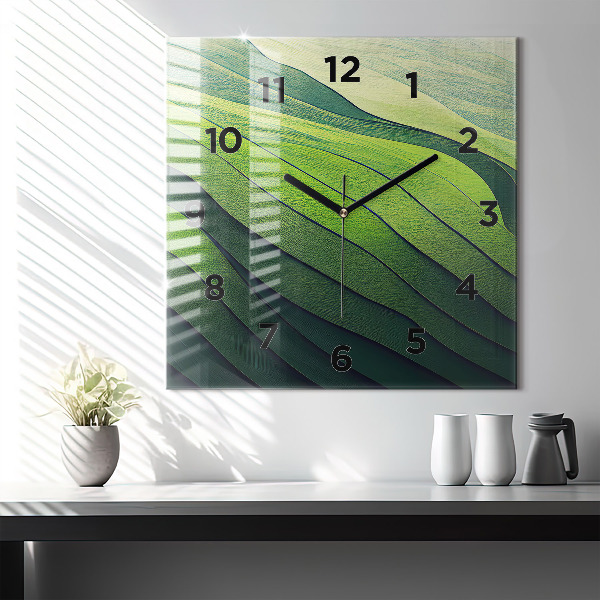 Square glass wall clock Green fields abstract