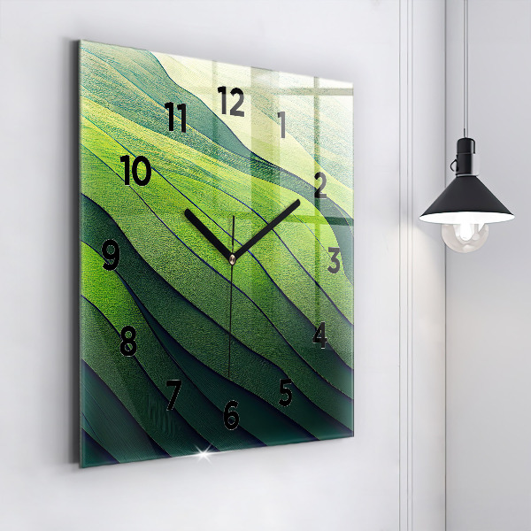 Square glass wall clock Green fields abstract