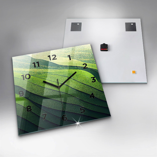 Square glass wall clock Green fields abstract