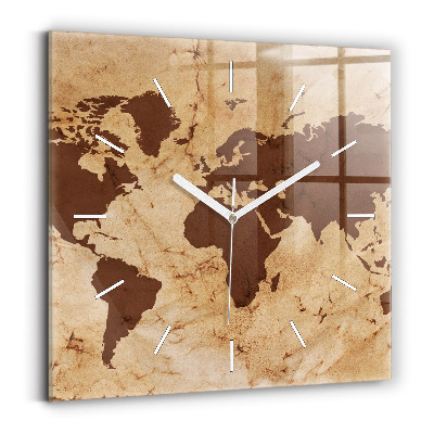 Square glass wall clock Vintage world map