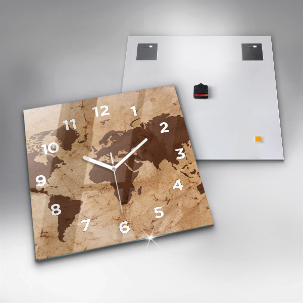 Square glass wall clock Vintage world map