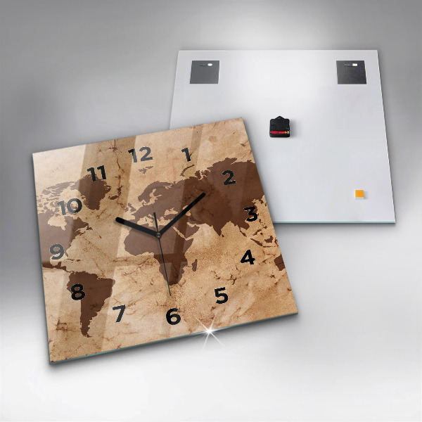 Square glass wall clock Vintage world map