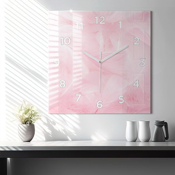Square glass wall clock Feathers – abstract