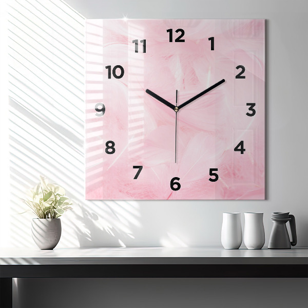Square glass wall clock Feathers – abstract