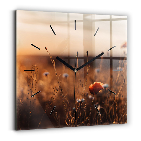 Square glass wall clock Field sunrise