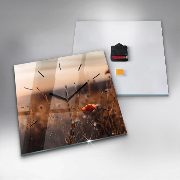 Square glass wall clock Field sunrise