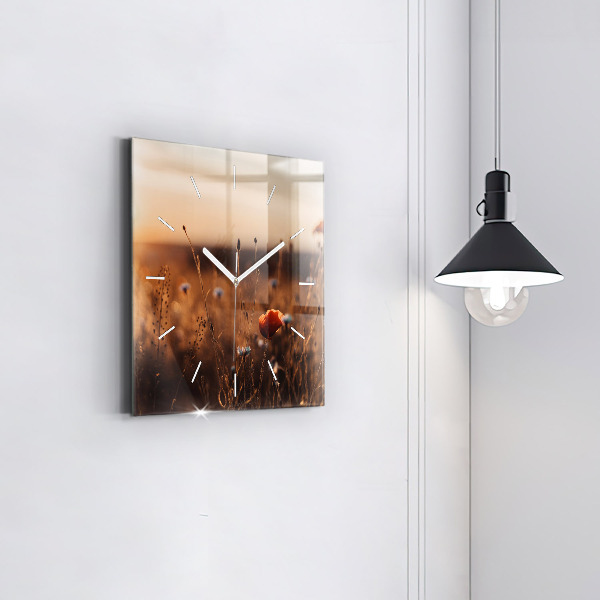 Square glass wall clock Field sunrise