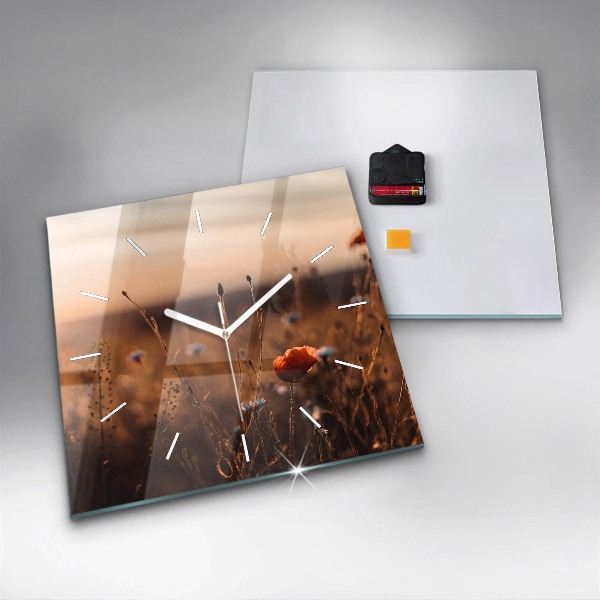 Square glass wall clock Field sunrise