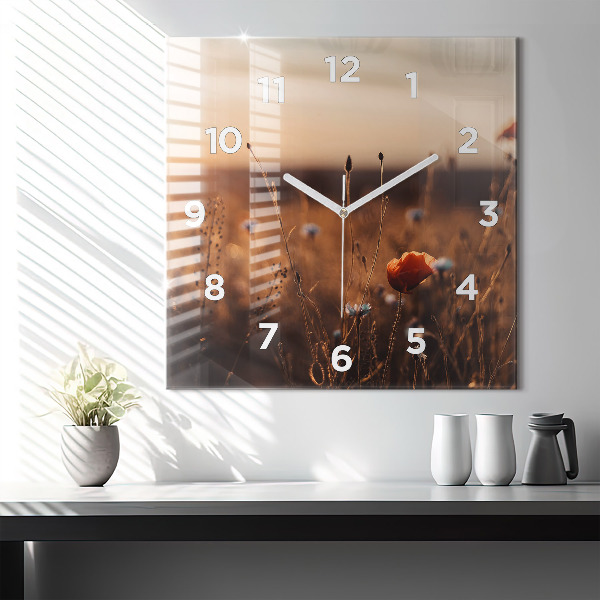 Square glass wall clock Field sunrise