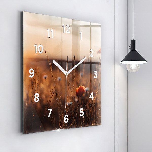 Square glass wall clock Field sunrise