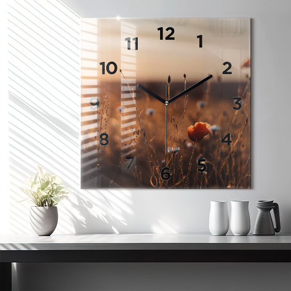Square glass wall clock Field sunrise