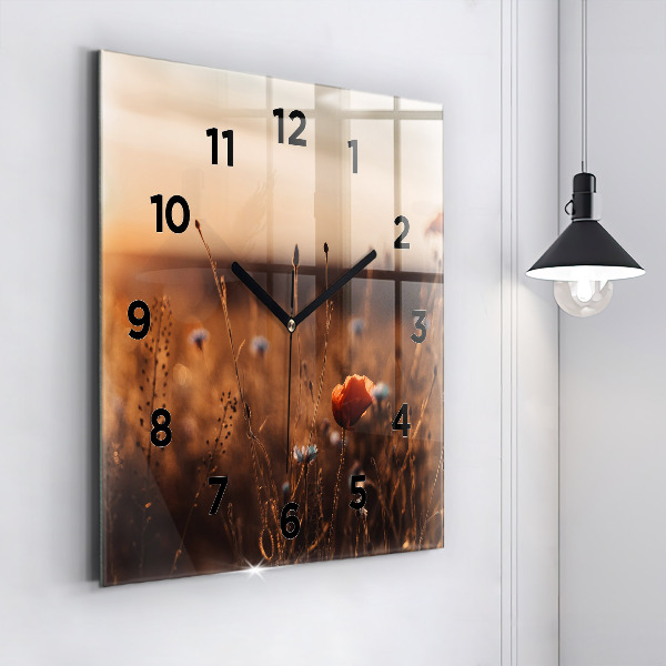 Square glass wall clock Field sunrise