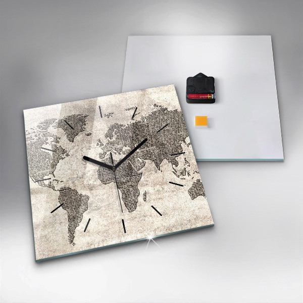 Square glass wall clock World map newspaper