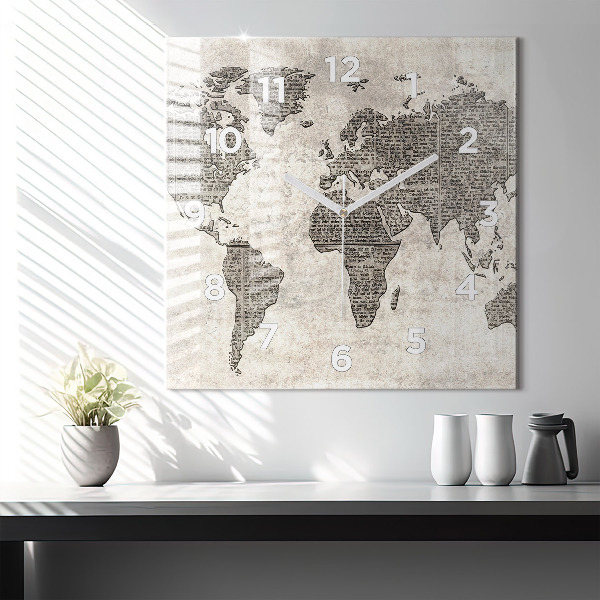 Square glass wall clock World map newspaper