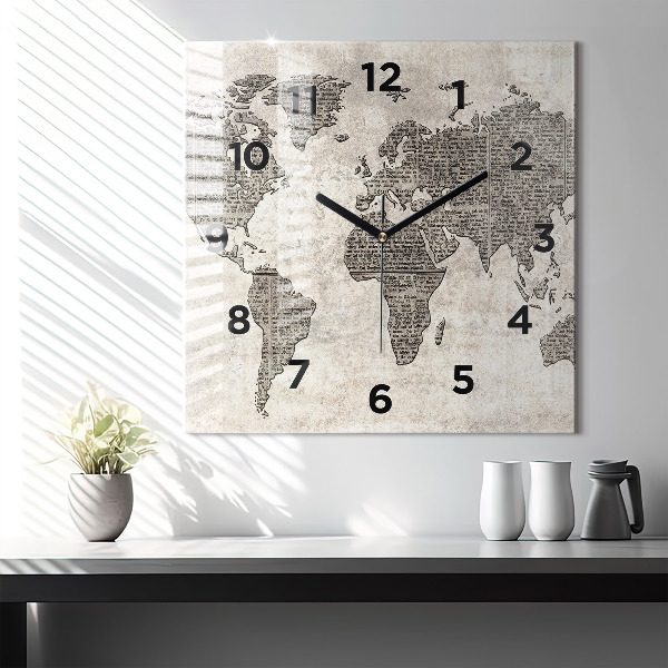 Square glass wall clock World map newspaper