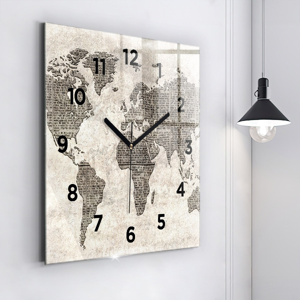 Square glass wall clock World map newspaper