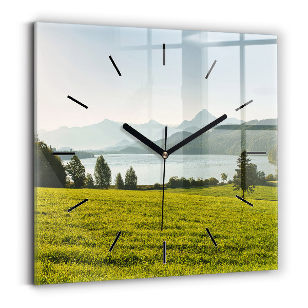 Square glass wall clock Mountains and field