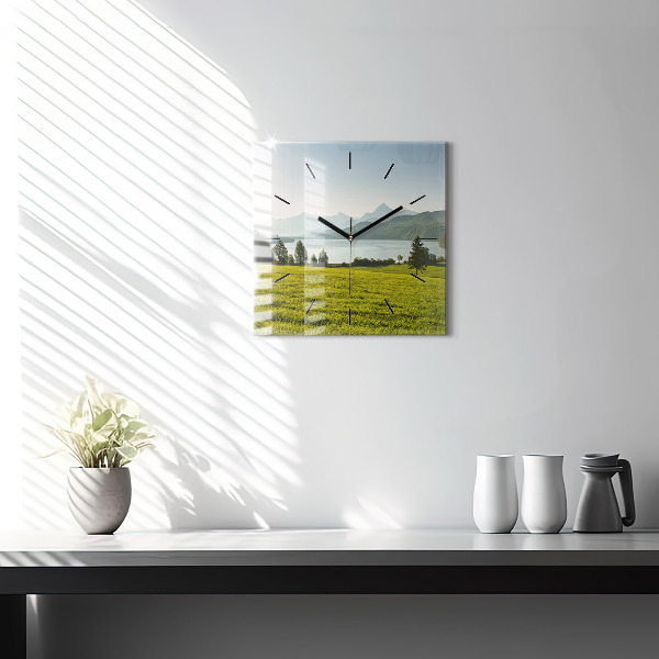 Square glass wall clock Mountains and field