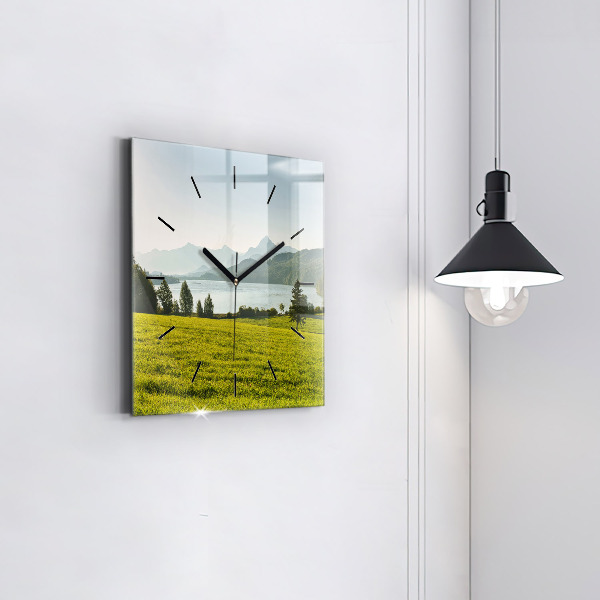 Square glass wall clock Mountains and field