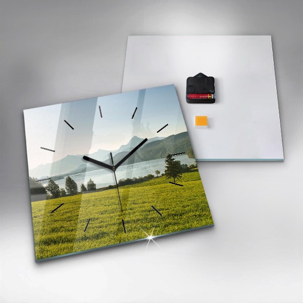 Square glass wall clock Mountains and field