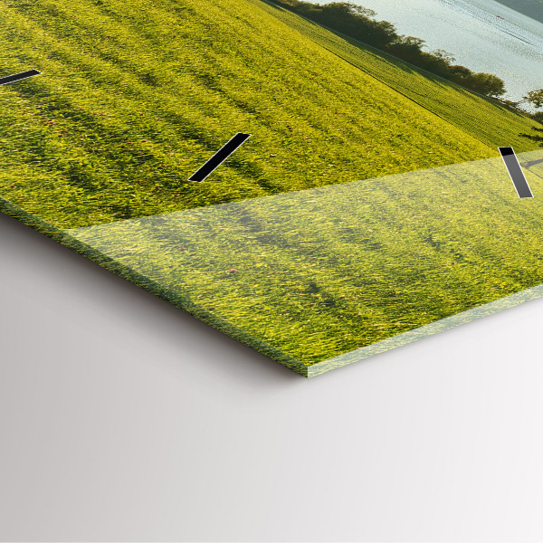 Square glass wall clock Mountains and field