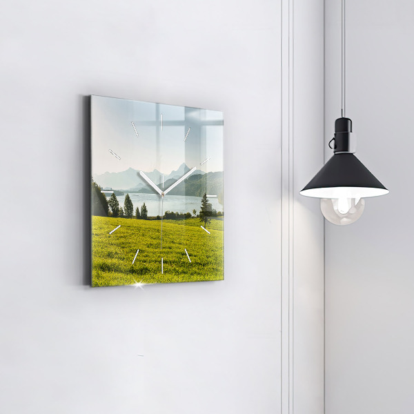 Square glass wall clock Mountains and field