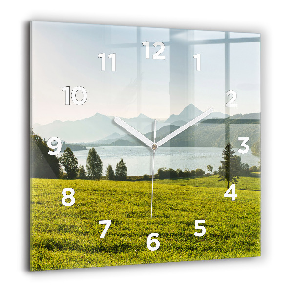 Square glass wall clock Mountains and field