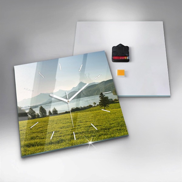 Square glass wall clock Mountains and field