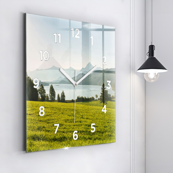 Square glass wall clock Mountains and field